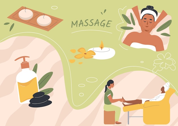 Gratis vector soorten massage platte compositie met collage van kaars iconen olie kolf en doodle menselijke karakters vector illustratie