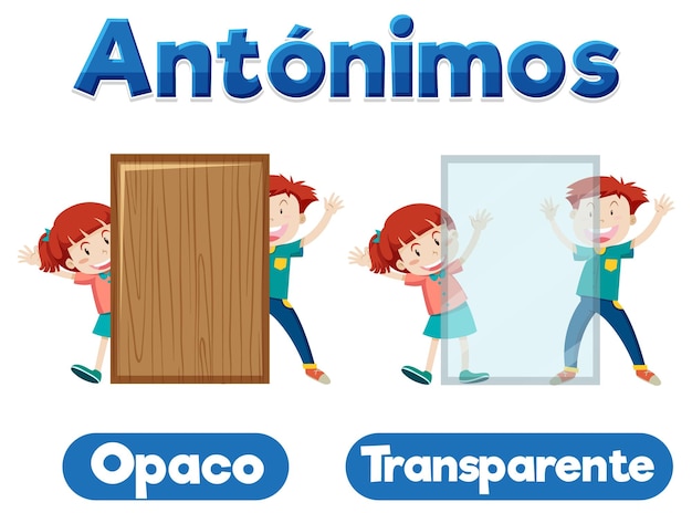 Gratis vector spaans taalonderwijs opaco en transparente antonyms in cartoon illustratie