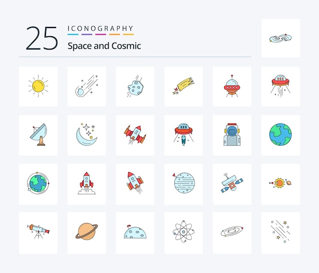 Space 25 line filled icon pack inclusief ruimteschip met raketmeteoor