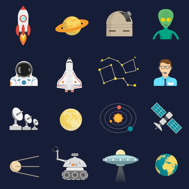 Space cosmos flat icons set