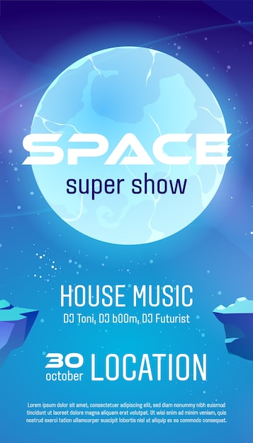 Space super show flyer, cartoon poster voor house muziekconcert met buitenaards planeetoppervlak en sterrenhemel.