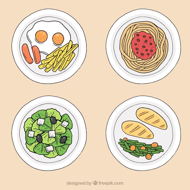 Spaghetti, vlees, eieren en salade