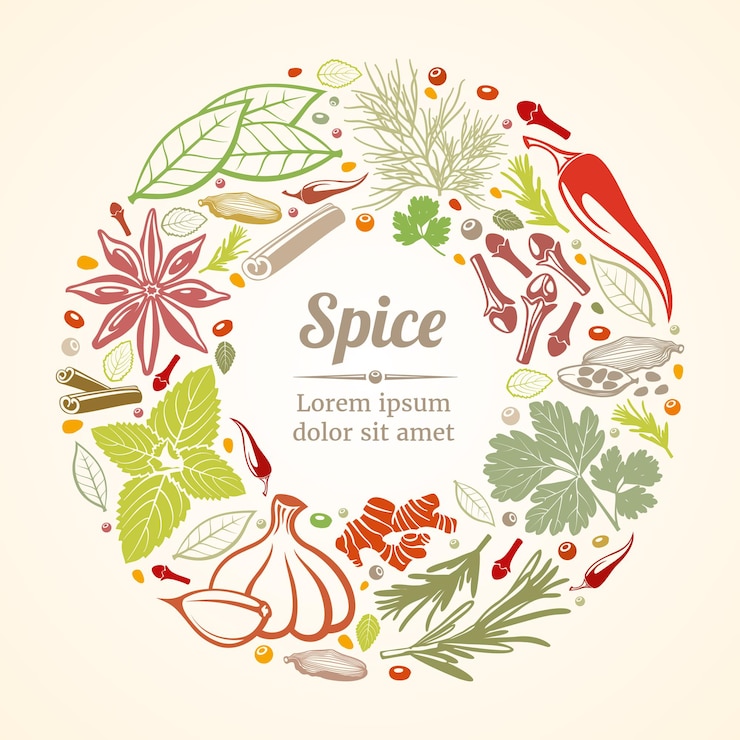Gratis Vector specerijen en kruiden sjabloon in cirkelsamenstelling