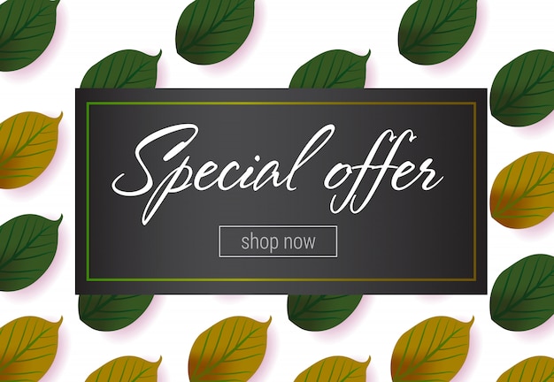 Gratis vector speciale aanbieding belettering met groene bladeren patroon. herfstaanbieding of verkoopreclame