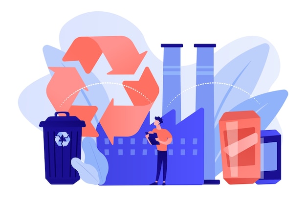 Specialist in planten die plastic recyclen tot grondstof, afvalbak. Mechanische recycling, back-to-plastic recycling, concept van hergebruik van afvalmateriaal. Roze koraal bluevector geïsoleerde illustratie