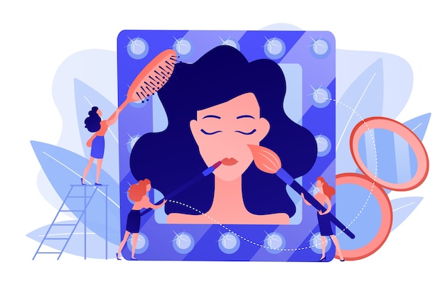 Specialisten die cosmetische behandelingen voor het gezicht en haar van de vrouw verstrekken. schoonheidssalon, schoonheidssalon, concept van professionele cosmetische behandelingen. roze koraal bluevector geïsoleerde illustratie