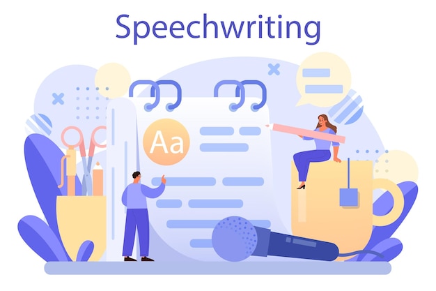 Speechwriting concept Professionele spreker of journalist schrijft een inhoud voor een openbare aankondiging Copywriter die tekst maakt voor media Modern creatief beroep Platte vectorillustratie