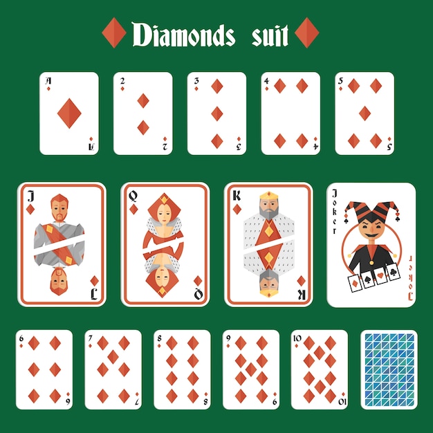Speelkaarten diamanten pak set joker en terug geïsoleerde vector illustratie