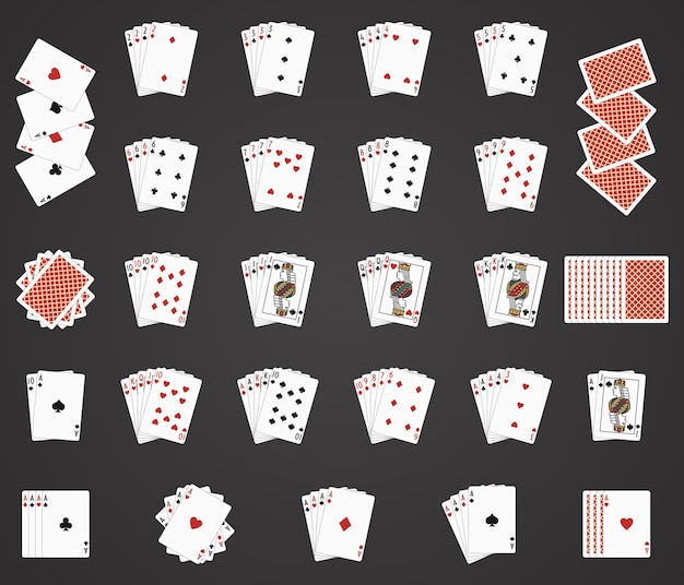 Speelkaarten pictogrammen. speelkaartensets, pokerhand speelkaarten en speelkaarten dek illustratie