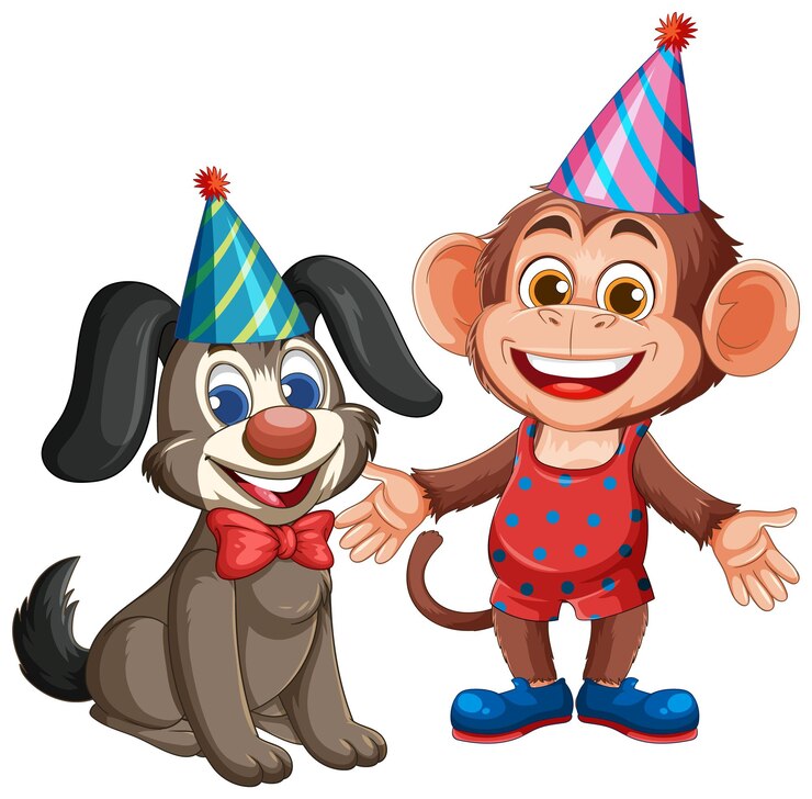 Gratis Vector speelse aap en hond in feesthoeden