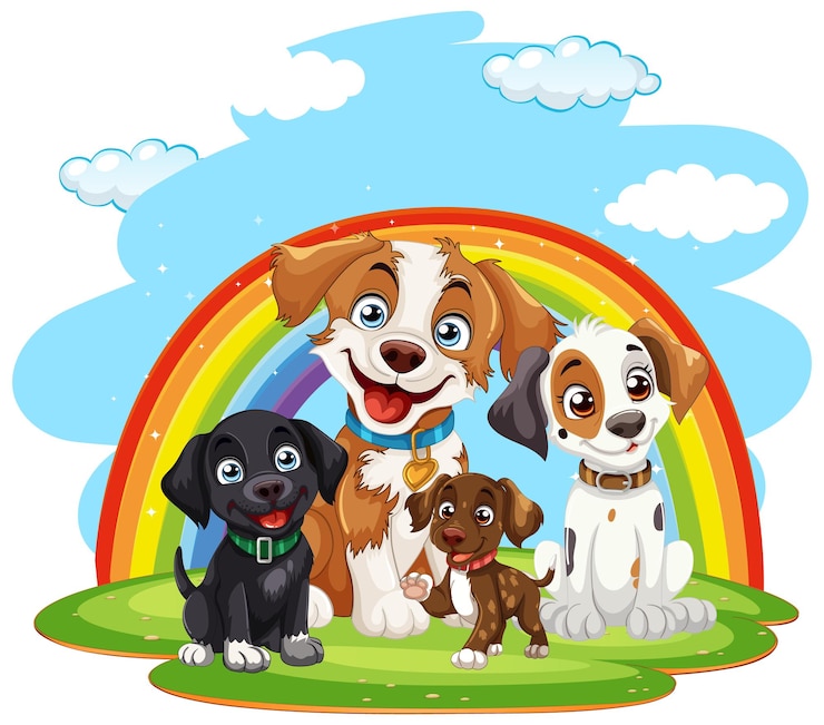 Gratis Vector speelse puppy's onder de regenbooghemel