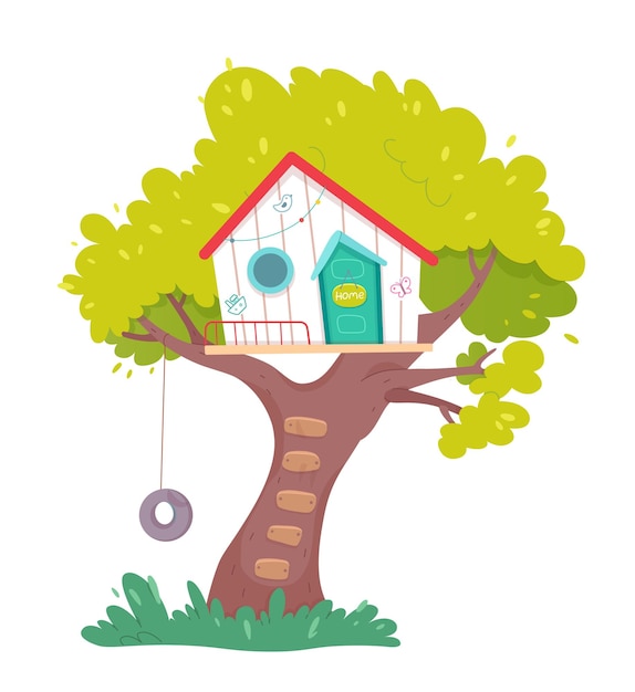 Gratis vector speeltuin met boomhut achtergrond houten huis op boom met ladder om te spelen met hangende bandschommel