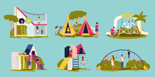 Speeltuin voor kinderen met schommels, glijbanen, klimrekken, huizen en gelukkige kinderen geïsoleerd op een achtergrond met kleurillustratie