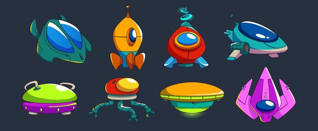 Spel ruimteschip geïsoleerd op zwarte achtergrond Hedendaagse vector illustratie van futuristische ruimteschepen met ramen radars kleurrijke buitenaardse raketten voor ruimte-exploratie avontuur spel elementen