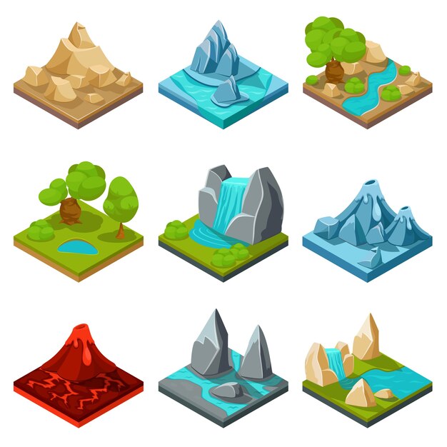 Spelgrond vector items. Natuursteenspel, landschapsbeeldverhaalinterfacespel, rots- en waterlaagspelillustratie