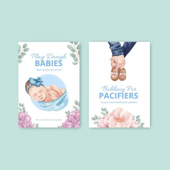 Spelkaartsjabloon met pasgeboren babyconcept, aquarelstijl