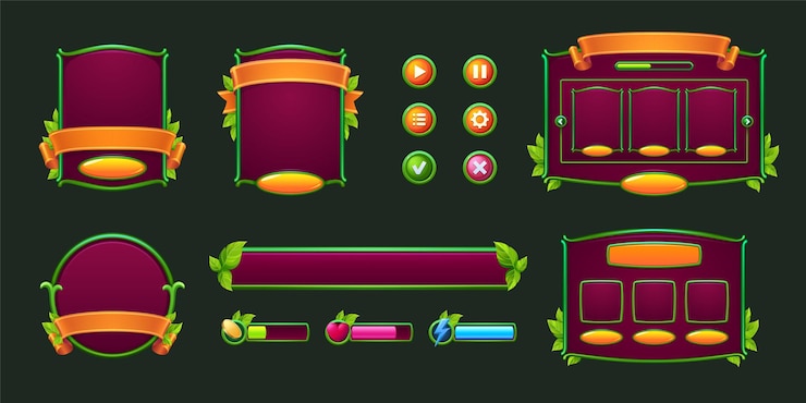 Gratis Vector spelknoppen en frames met groene randen en laat ontwerpelementen en activa met planten voor gebruik...