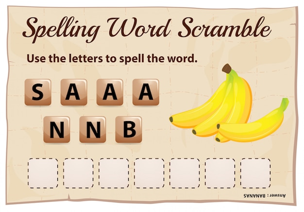 Gratis vector spelling scramble game sjabloon voor bananen