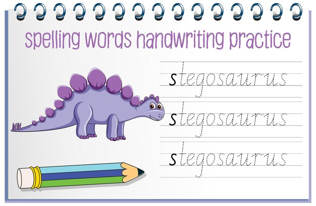 Spelling van woorden dinosaurus handschrift oefenblad