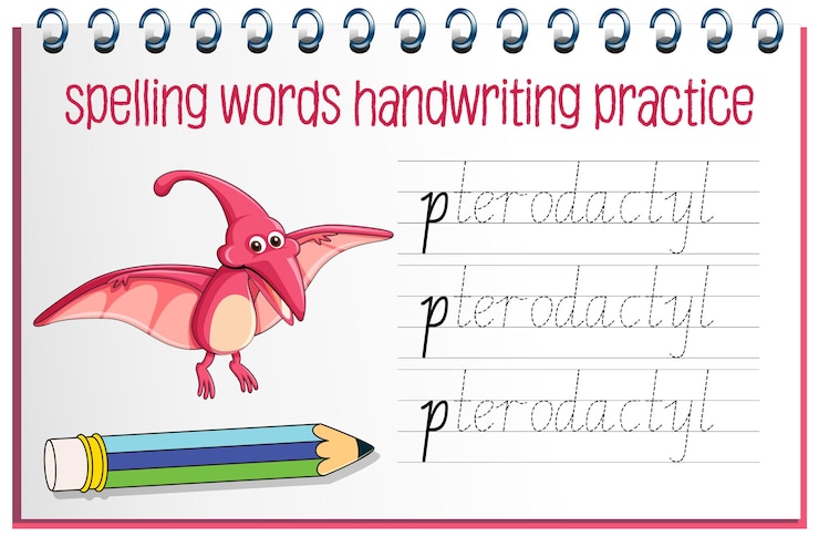 Gratis Vector spelling van woorden dinosaurus handschrift oefenblad