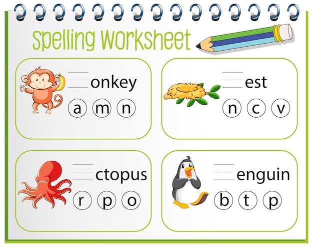 Spelling werkbladsjabloon voor kinderen