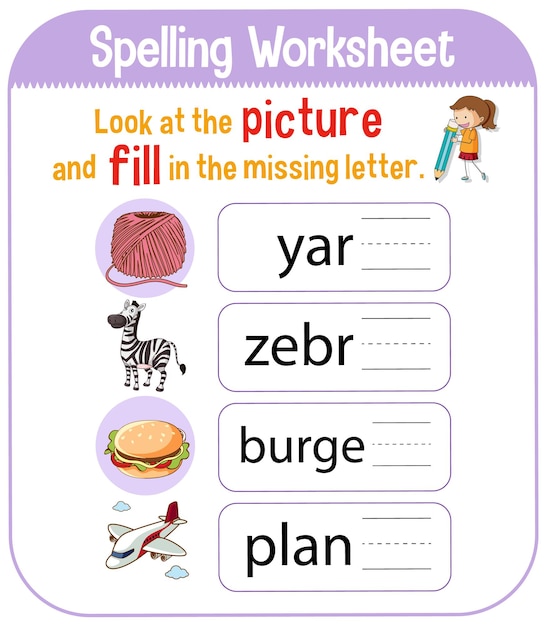 Spelling werkbladsjabloon voor kinderen