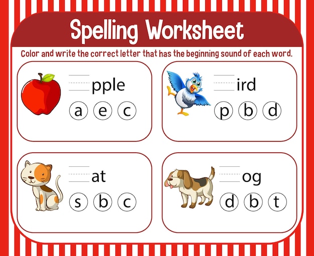 Spelling werkbladsjabloon voor kinderen