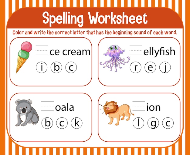 Spelling werkbladsjabloon voor kinderen