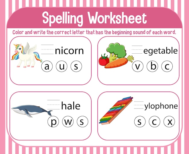 Spelling werkbladsjabloon voor kinderen