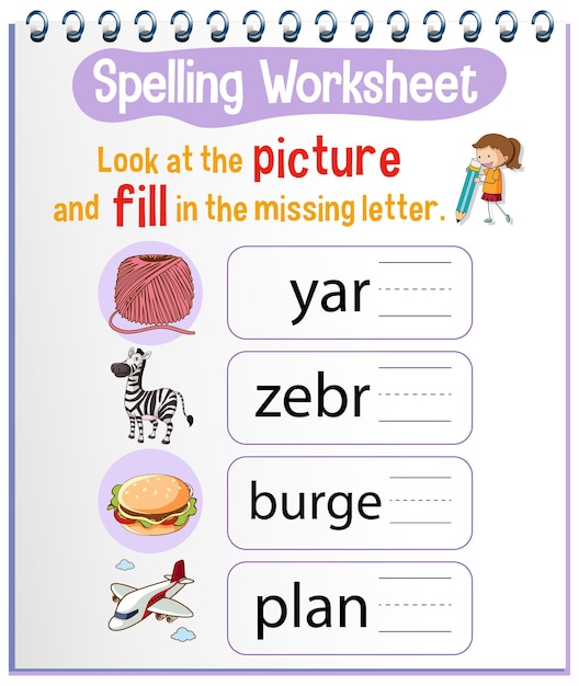 Gratis vector spelling werkbladsjabloon voor kinderen