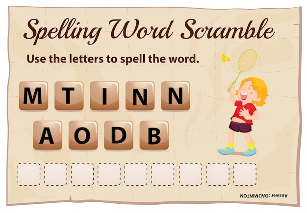 Gratis vector spelling woord scramble game met woord badminton