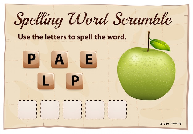 Gratis vector spelling woord scramble game met woord groene appel