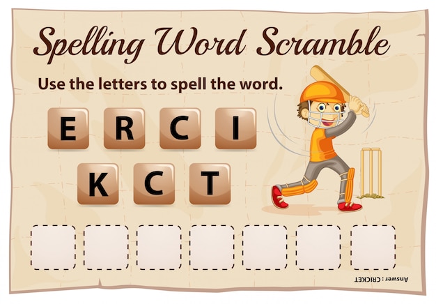 Gratis vector spelling woord scramble game sjabloon met cricket