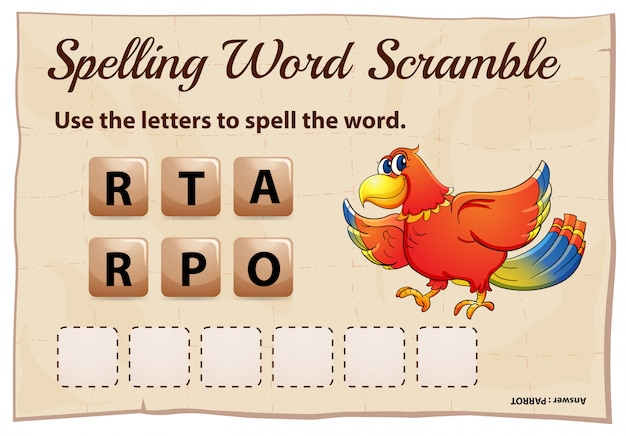 Gratis vector spelling woord scramble game sjabloon met woord papegaai