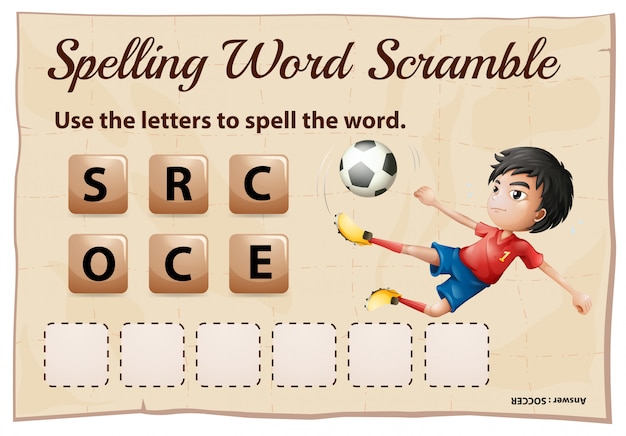 Gratis vector spelling woord scramble game sjabloon met woord voetbal