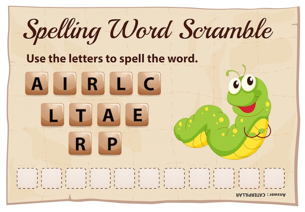 Gratis vector spelling woord scramble game voor woord rups