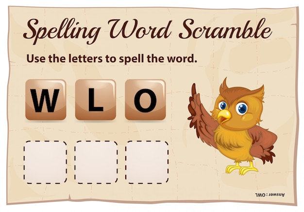 Gratis vector spelling woord scramble sjabloon met schattige uil