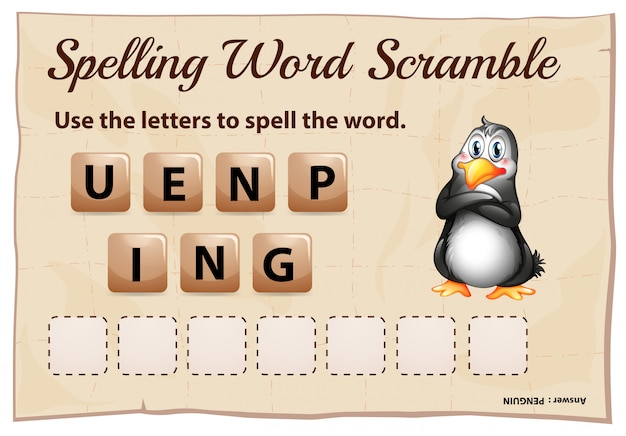 Gratis vector spelling woord scramble sjabloon met woord pinguïn