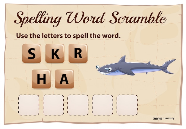 Gratis vector spelling woord scramble spel voor woord haai