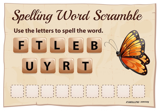 Gratis vector spelling word scramble game voor woord vlinder