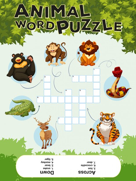 Spelsjabloon voor dieren met woordpuzzels