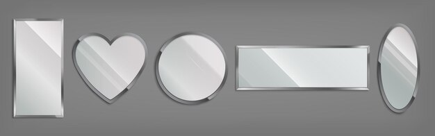 Spiegels in metalen frame in de vorm van cirkel, hart, ovaal en rechthoek geïsoleerd op een grijze achtergrond. Vector realistische set glanzende glazen spiegels met chromen rand. Moderne decoratie voor badkamer