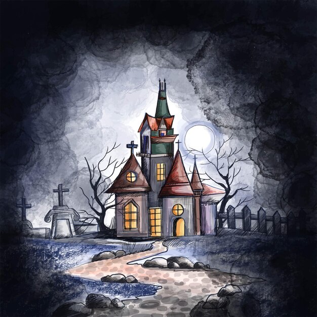 Spookhuis met maan op de achtergrond van de kraaien