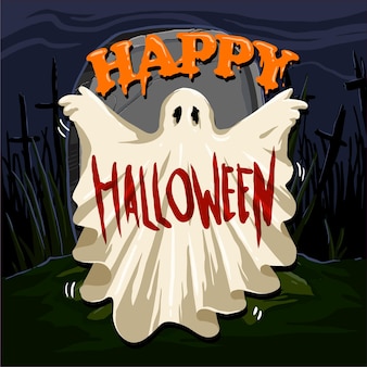 Spookkostuum op het kerkhof met de letter happy halloween vectorillustratie
