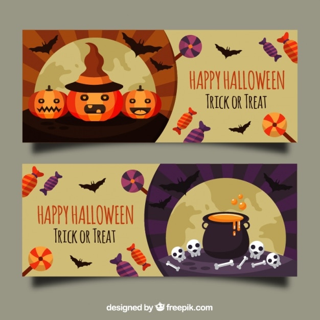 Gratis vector spooky banners met een schedels en vleermuizen