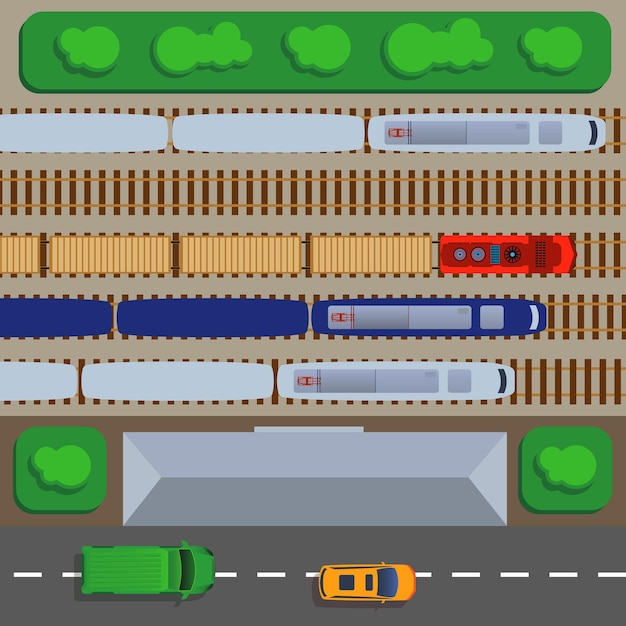 Gratis vector spoorweg bovenaanzicht met treinen en rails, platform en depot illustratie.