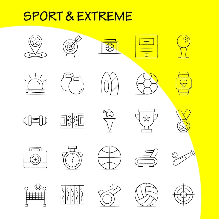 Gratis Vector sport en extreme handgetekende pictogrammen set voor infographics mobiele uxui kit en print design inclusief cup award star scheidsrechter sport fluitje sun sunshine icon set vector