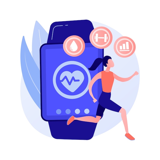 Sport en fitness tracker abstract concept vectorillustratie. Activiteitenband, gezondheidsmonitor, apparaat om de pols, toepassing voor hardlopen, fietsen en dagelijkse training abstracte metafoor.