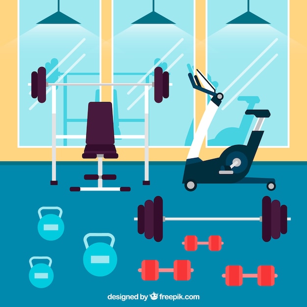 Gratis vector sport gym achtergrond met oefeningen machines in vlakke stijl