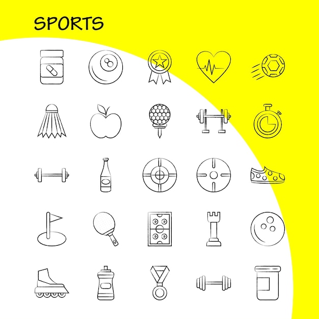 Gratis vector sport handgetekend pictogram voor webprint en mobiele uxui-kit zoals boarding skateboard schaatsen sport schieten schieten board sport pictogram pack vector